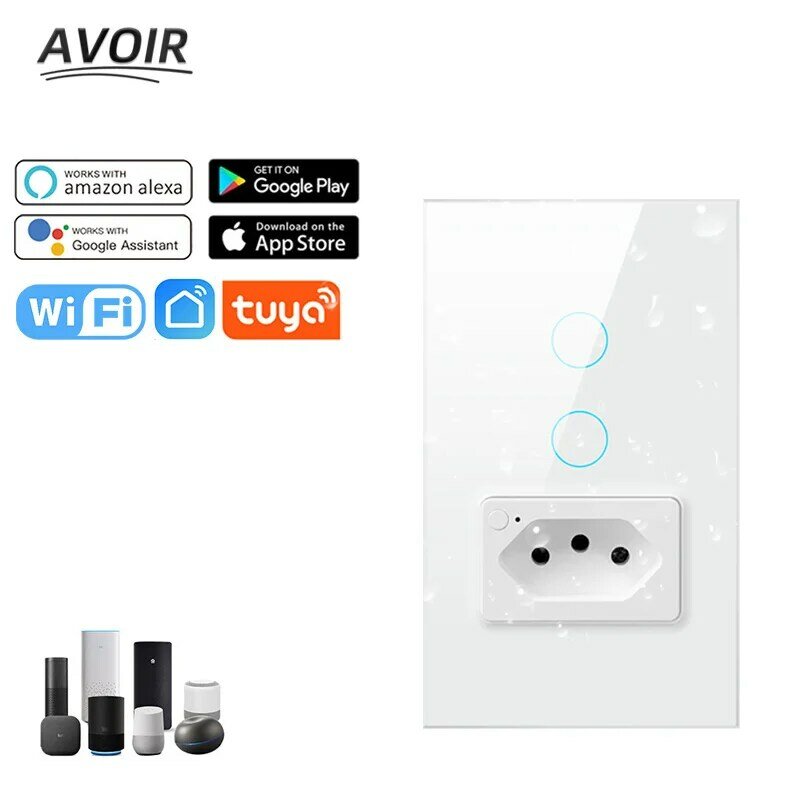 Avoir Tuya Wifi Touch Schalter Brasilien Standard Steckdosen Und Schalter 2 Weg Wand Licht Schalter Weiß Freies verschiffen zu brasilien