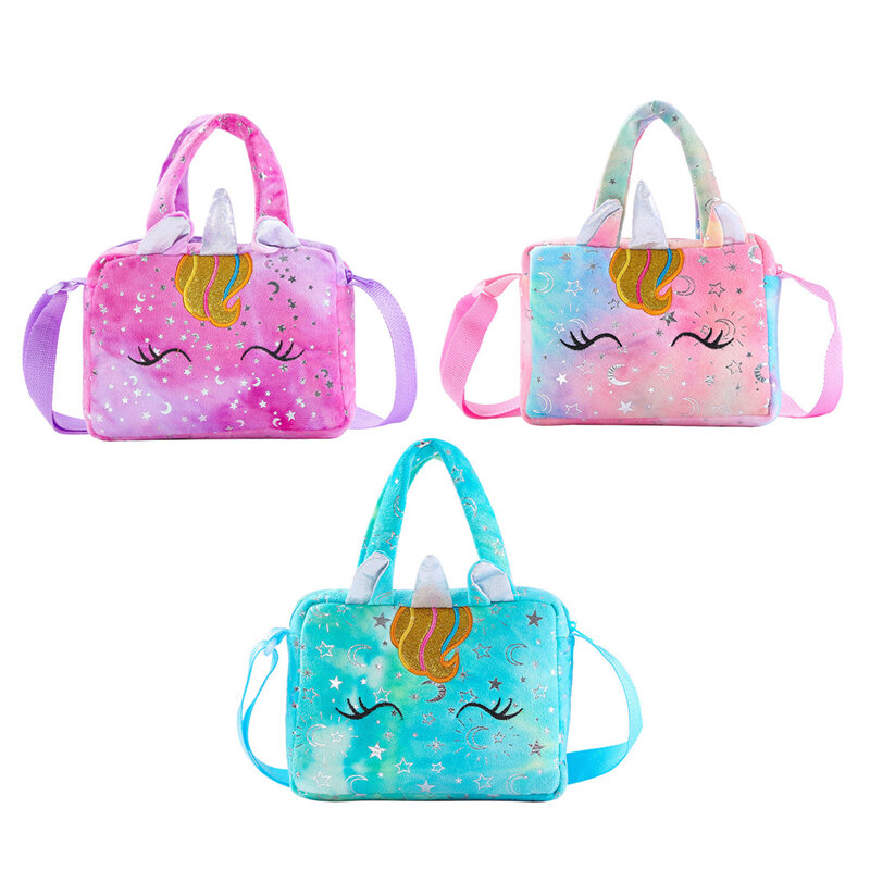 Детская сумка, мягкая плюшевая миниатюрная сумка через плечо с единорогом, женская сумка для девочек 2 в 1, милая и свежая стильная блестящая сумка со звездой и Луной