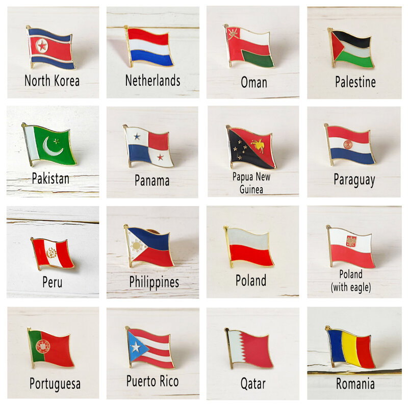 Pin de solapa de Metal con bandera nacional, insignia de país de todos los Países Bajos, Palestina, Panamá, Perú, Filipinas, Polonia, Portuguesa, Catar