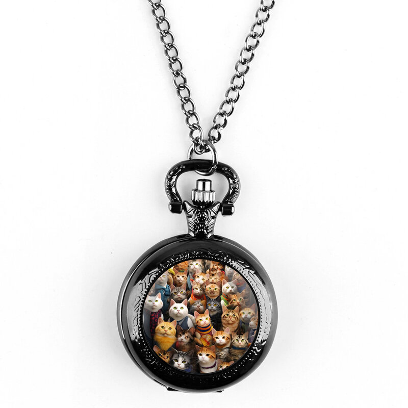 Jam tangan saku Quartz model kubah kaca kucing lucu unik jam tangan rantai liontin kalung hadiah perhiasan