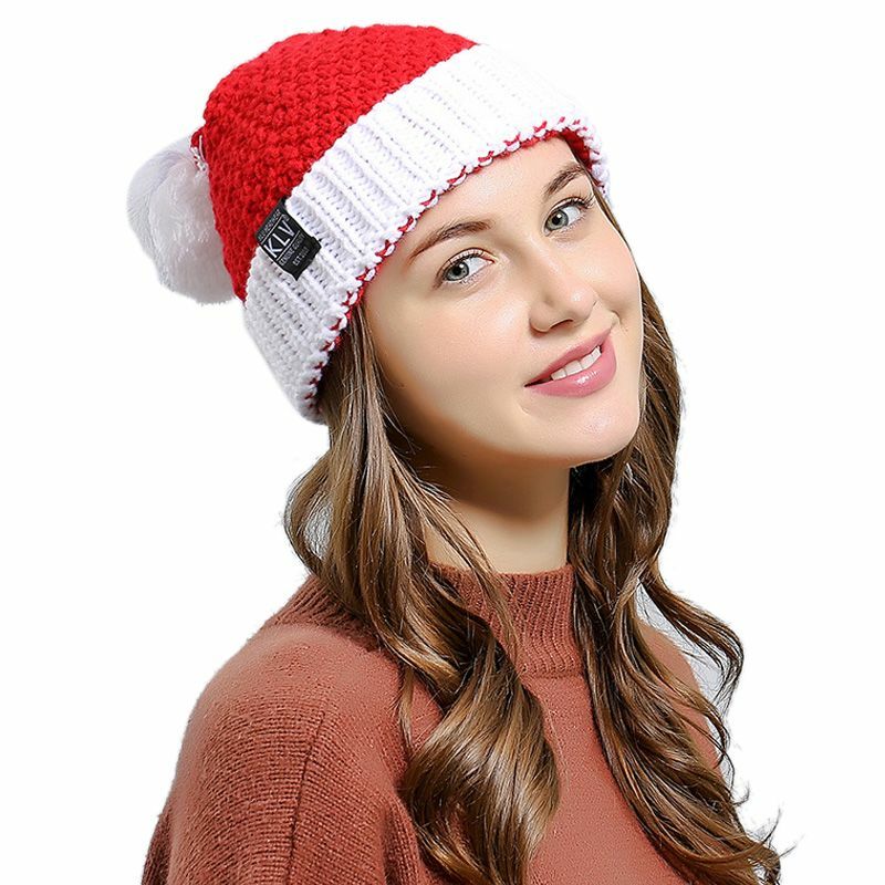 Женская зимняя вязаная рождественская шапка крючком, мешковатая лыжная шапка с помпоном и теплыми манжетами
