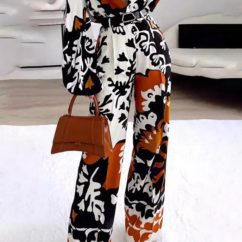 Casual Elegant Women's Pants Suits Spring Autumn Printing Long Sleeve Shirts and Belt Wide Leg Pants Female Two Piece Sets