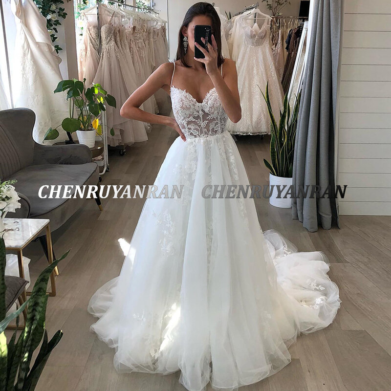 Gaun pernikahan Boho untuk wanita 2023 renda Applique gaun pernikahan Tulle gaun pengantin elegan A-Line gaun pengantin vestidos de novia