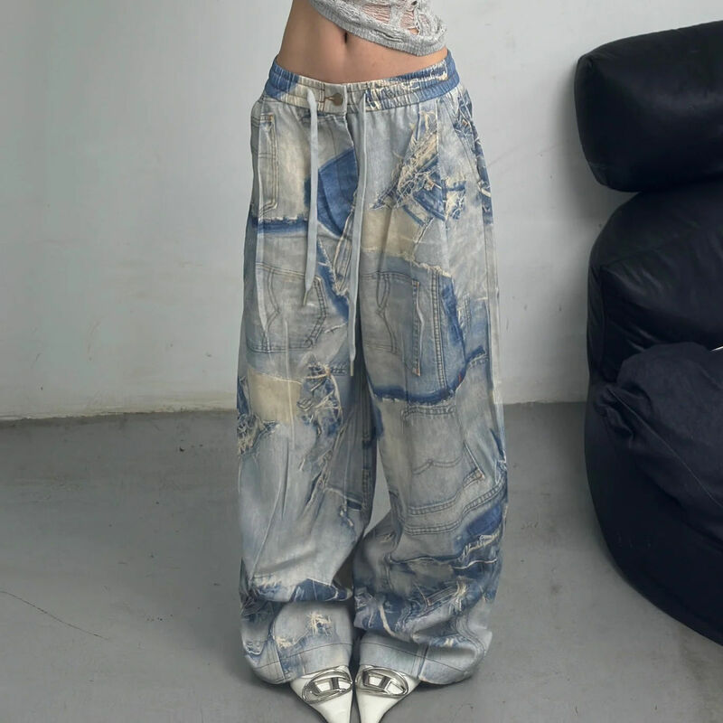 Frauen mit hoher Taille binden Färben Jeans Hip-Hop-Stil Vintage amerikanische Wäsche für alte Jeans mit weitem Bein plus Größe weibliche Hose