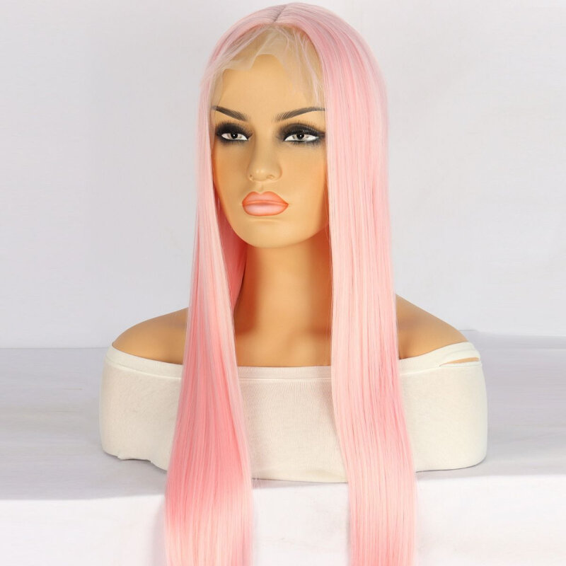 Wig rambut lurus panjang merah muda Wig Lace Frontal Set kepala penuh rambut manusia wanita realistis alami Fashion