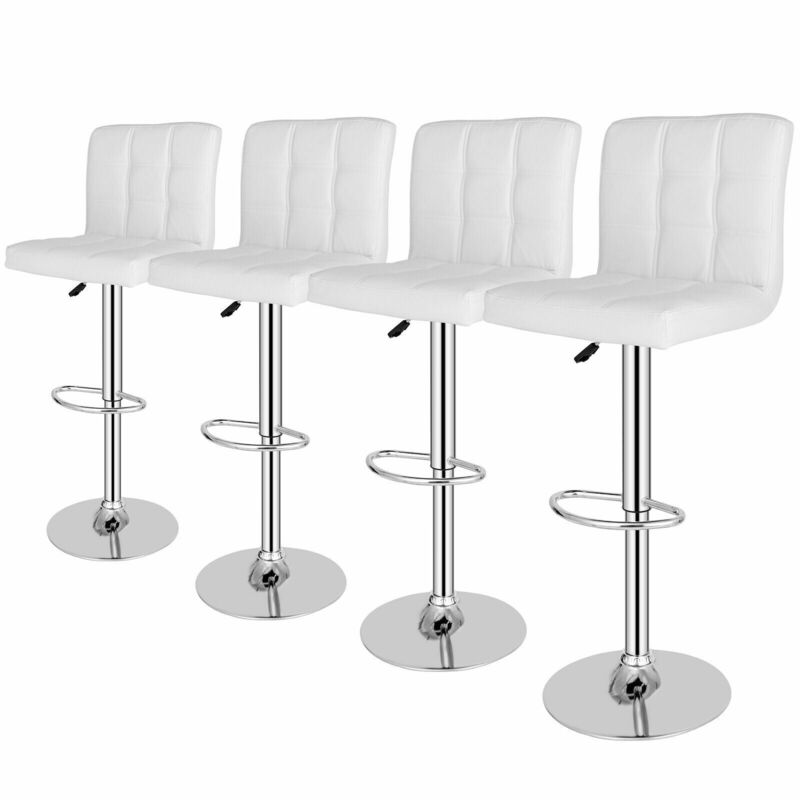 White Bar Stools w/3 Level Gas Rod Swivel Chairs Set of 4 Steel Adjustable Stool