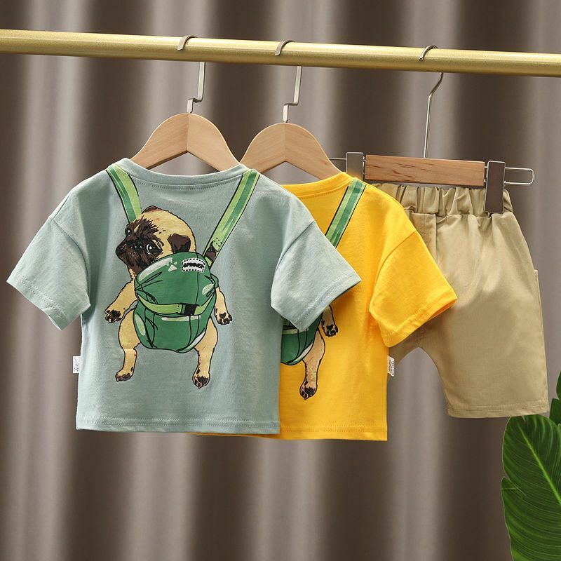 Jungen Kleidung Sommer neue Kurzarm Rundhals-Cartoon-Muster gedruckt Baumwolle Mode lässig Trend Pullover zwei Stück