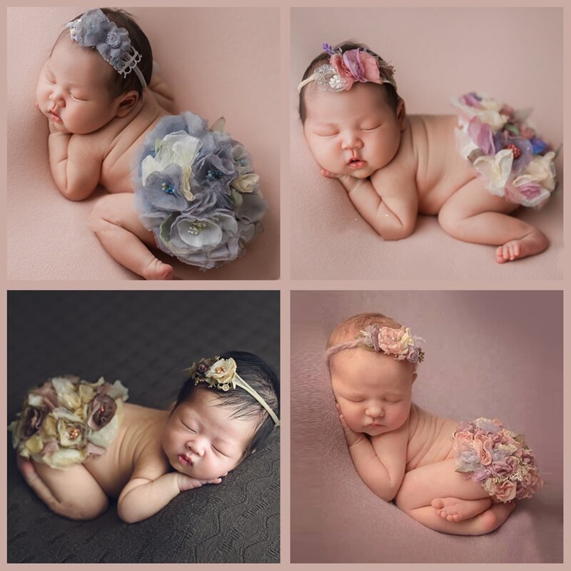 Newborn Photography Costume Baby Girl Photo Props Accessories Headband+Round Flower Cover Photoshoot Outfit For Neonate