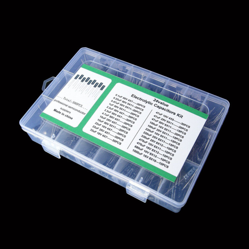 Caja de clasificación de condensadores electrolíticos, 24 tipos, 500, rango 0 22uf-470uf