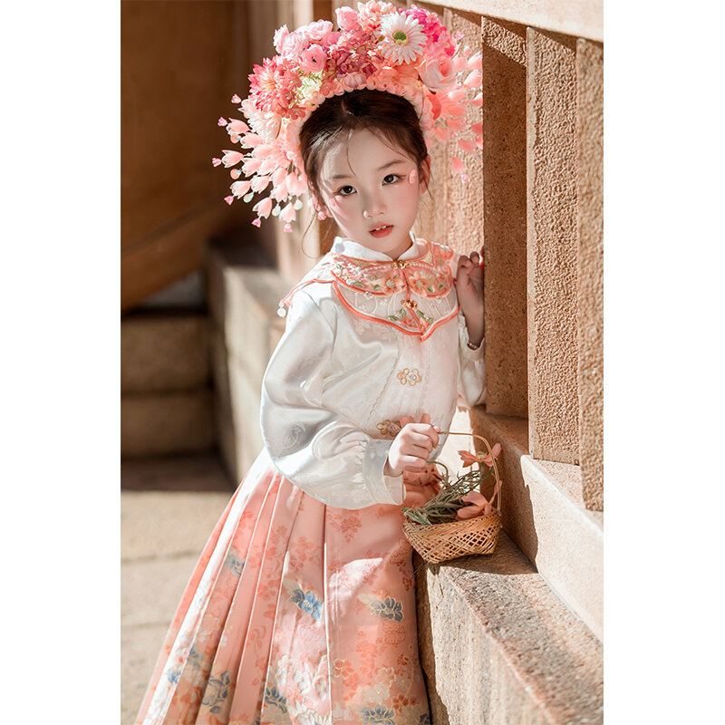 Conjunto de saias de cavalo dourado tecelagem estilo chinês para meninas, roupas hanfu, primavera e outono, roupas antigas da dinastia Ming