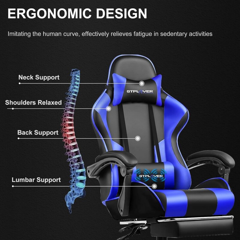 Computer Chair with Footrest and Lumbar Support, Height Adjustable Game Chair with 360°-Swivel Seat and Headrest and for Office
