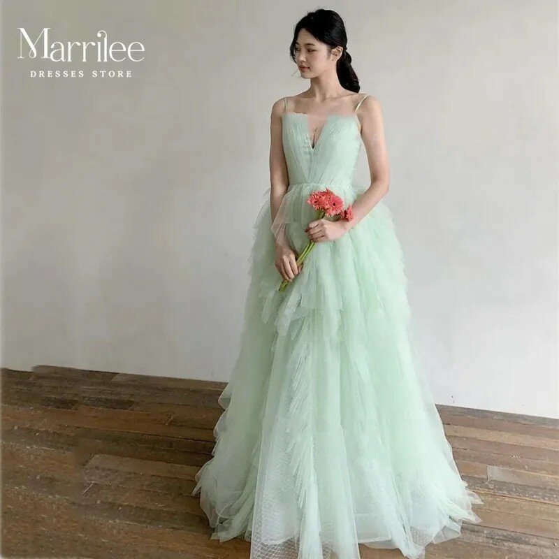 Korea Green Dress Women Elegant Party Ruffles Luxury V Neck Tiered Plus Size Long Evening Dresses Lace Up Princess Custom 2024