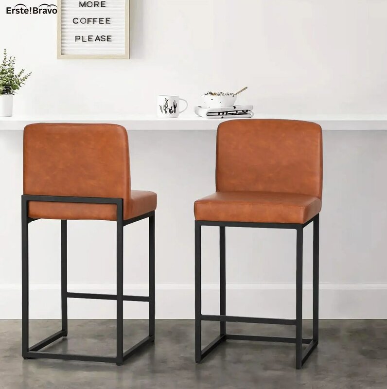Brown Bar Stools Counter Height Set of 2 for Kitchen Counter 24 Inch Faux Leather Upholstered Modern Cognac Barstools