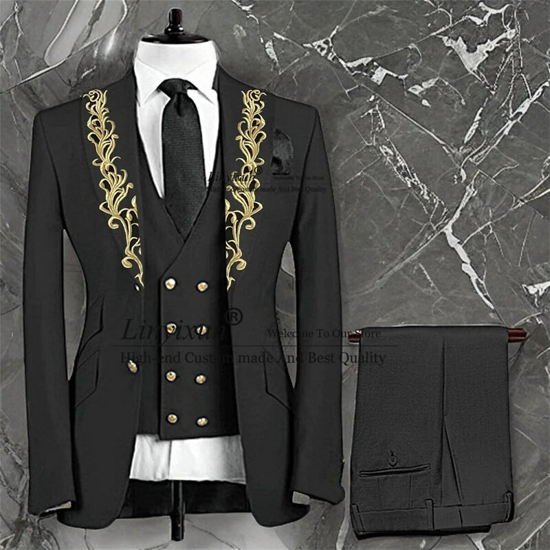 Fashion Men's Wedding Suits Slim Fit Gold Appliques Shawl Lapel Groom Tuxedos Business Male Blazers 3Pieces Sets Costume Homme
