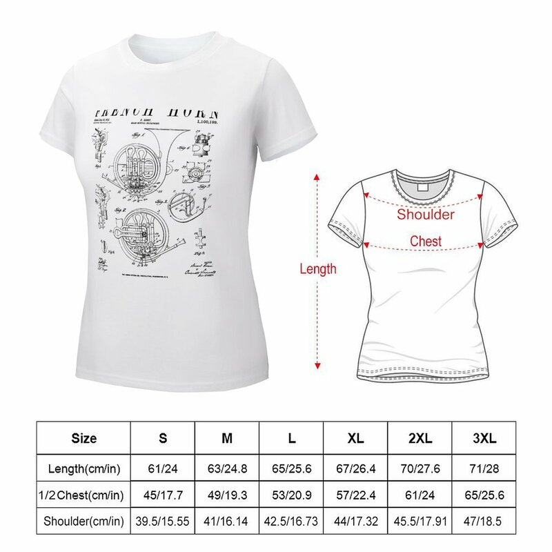 프렌치 혼 올드 빈티지 골동품 특허 드로잉 프린트 티셔츠, 귀여운 옷 티셔츠, 여성용 그래픽 티셔츠