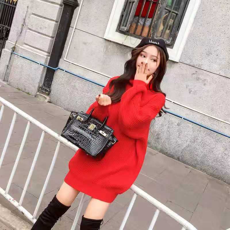 Fashion Turtleneck Solid Color Lantern Sleeve Mini Dress Women's Clothing 2023 Autumn Winter Loose Knitted Warm Casual Dresses