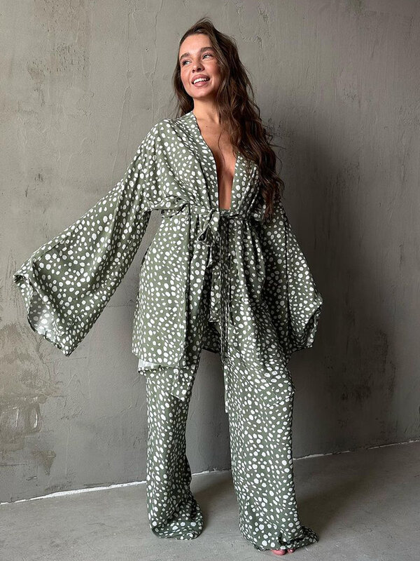 Marthaqiqi Casual Printing Female Nightgowns Suit V-Neck Sleepwear Long Sleeve Nightie Lace Up Pajama Pants Casual Nightwear Set