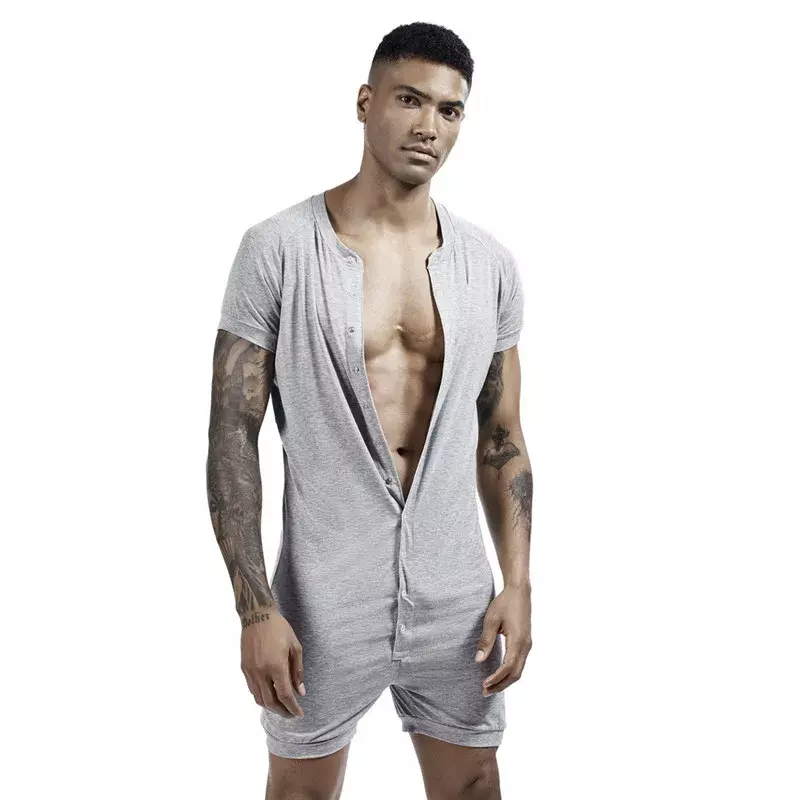 Men Siamese Snap Sleepwear Home Clothes Jumpsuit Pajamas T-Shirts Color Men's Button Comfortable Onesies Solid Super-elastic