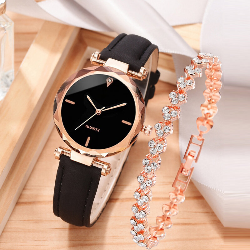Ensemble de montre de luxe pour femme, bracelet en cuir PU, montre-bracelet à quartz pour femme, biscuits, bracelet en alliage d'or rose, cadeau pour femme, mode, 2 pièces