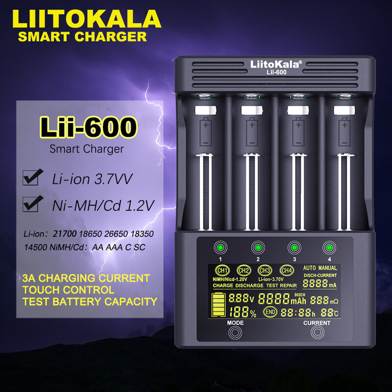 LiitoKala-carregador de bateria original, adequado para Li-ion 3.7V, NiMH, 1.2V, 18650, 26650, 21700, 26700, AA, AAA, Lii-600, novo