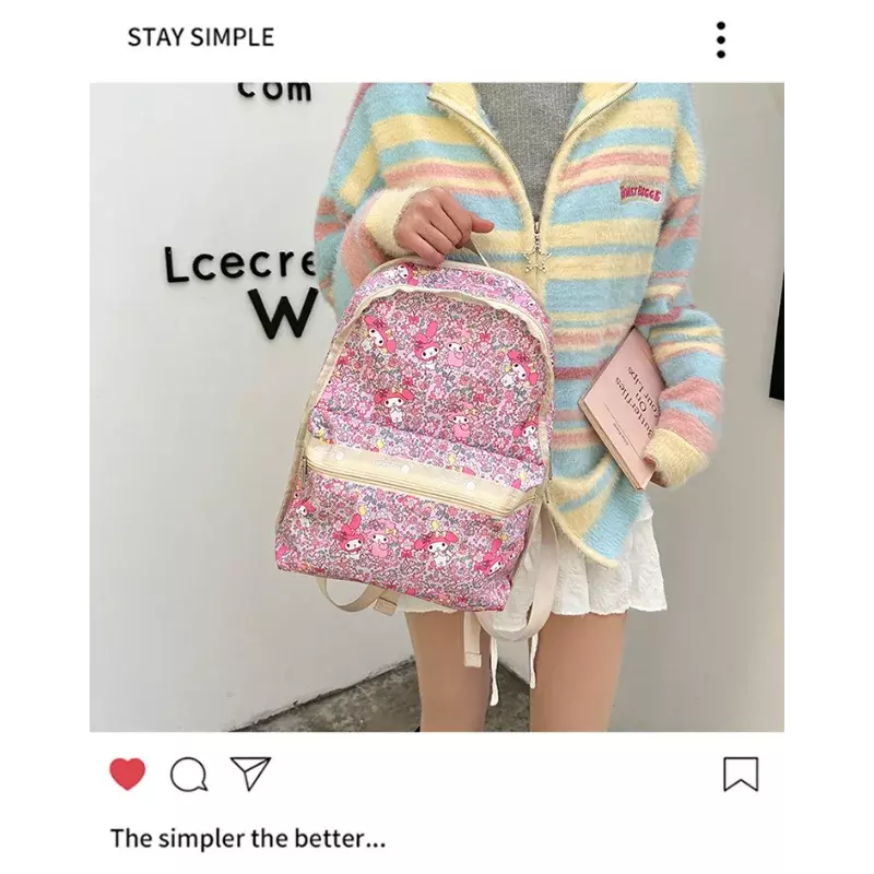 Sanrio Melody Student Schoolbag, desenhos animados, leve, casual, impermeável, grande capacidade, mochila de faculdade, novo