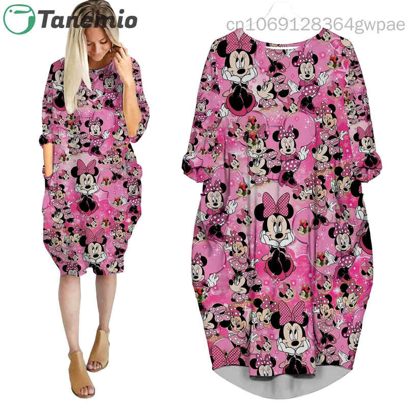 Mickey Minnie Mouse Home Long Sleeve Dress Disney Fashion Versatile Loose Batwing Pocket Over the Knee Womens Party Dress
