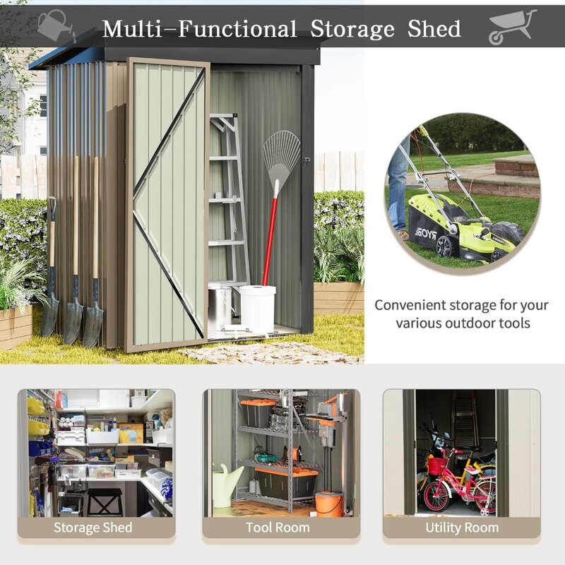Metal Outdoor Storage Shed 5FT x 3FT, Steel Utility Tool Shed Storage House with Door & Lock