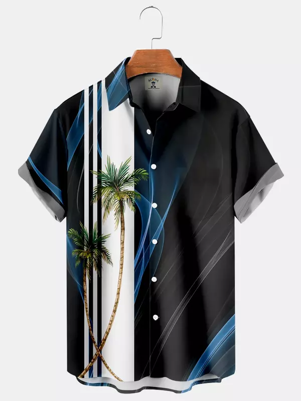 Chemise hawaïenne à manches courtes pour hommes, imprimé cocotier, streamer, haut à revers, confortable, grande taille