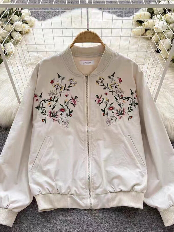 Women Vintage Casual Loose Top Spring Autumn Round Neck Lantern Sleeve Zipper Embroidered Jacket