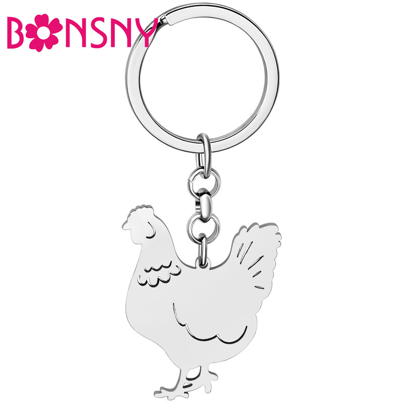 Bonsny Stainless Steel Silver-plated Chicken Keychains Poultry Backpack Charms Key Chains Keyring For Women Teen Gift Decoration