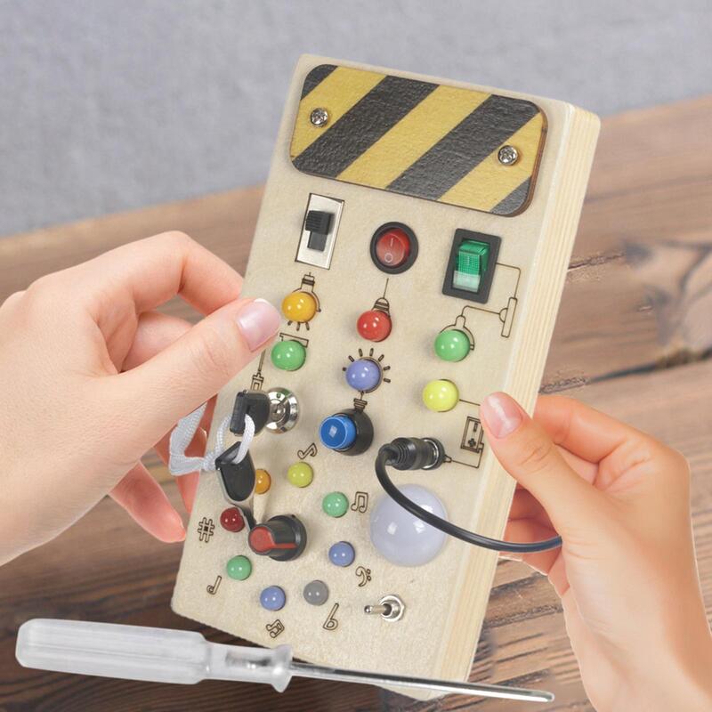 Painel de controle de madeira cognitiva para crianças, busy board, lights switch, brinquedos montessori, crianças e crianças, idades 3 +
