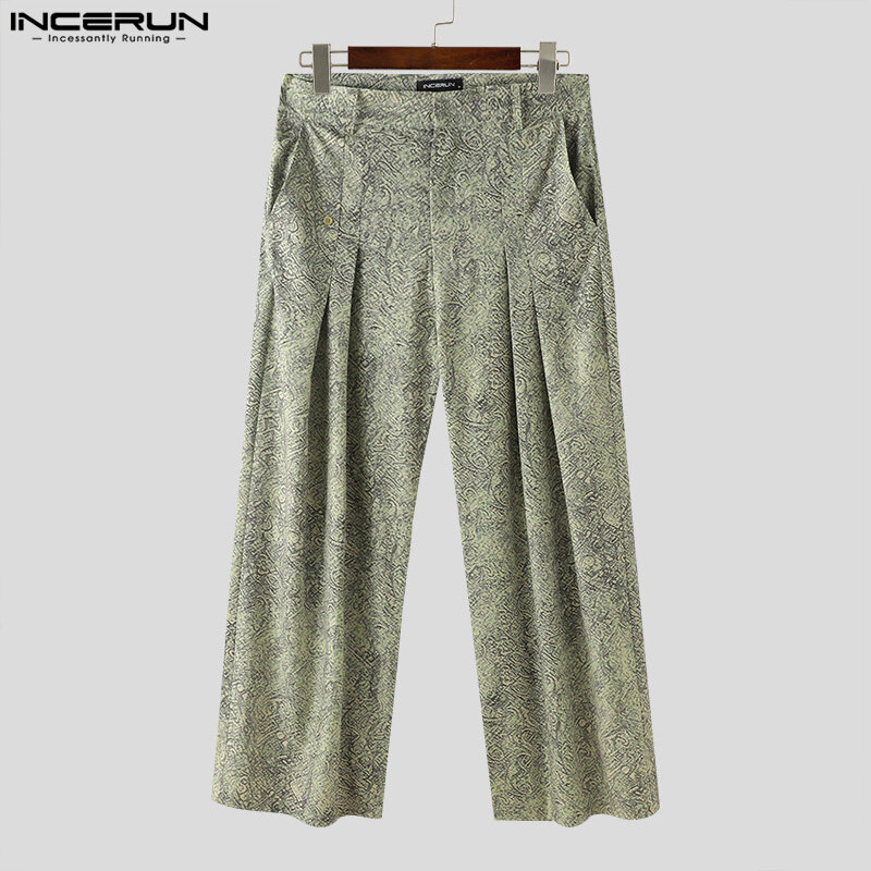 INCERUN Men's Pants Printing Button Pleated Loose Casual Straight Trousers Men Streetwear Joggers 2024 Pockets Fashion Pantalon