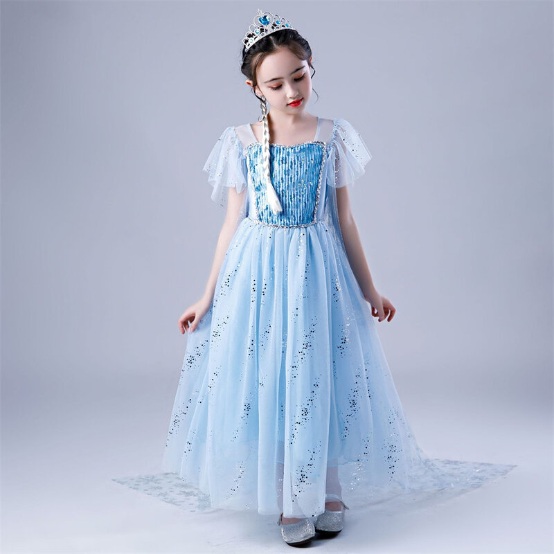 Children Halloween Girls Cosplay Snow Queen Elsa 2 Sequin Princess Dress + Long Removable Cloak Masquerade Birthday Party Gowns