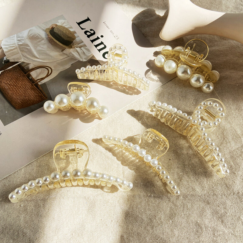 Horquillas de perlas de imitación para mujer, pinzas geométricas coreanas para el cabello, Clip de tiburón, Clip para la Cabeza trasera, pasadores, accesorios para el cabello