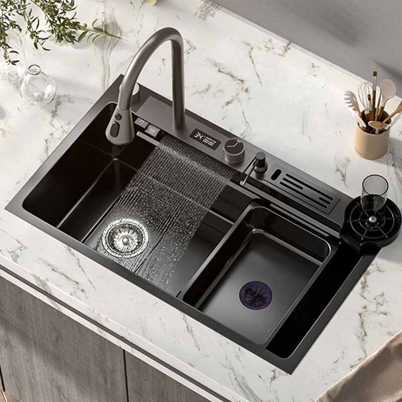 ステンレス鋼のキッチンの滝のヒートシンク、デジタルディスプレイ、単一の皿の洗面器、大きな多機能タッチの滝、304