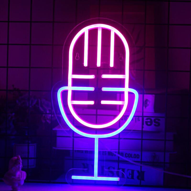 Microphone Neon Sigh LED Lights Live Music KTV Studio Party Decoration USB Art Wall Lamp For Home Bedroom Festival Creative Logo