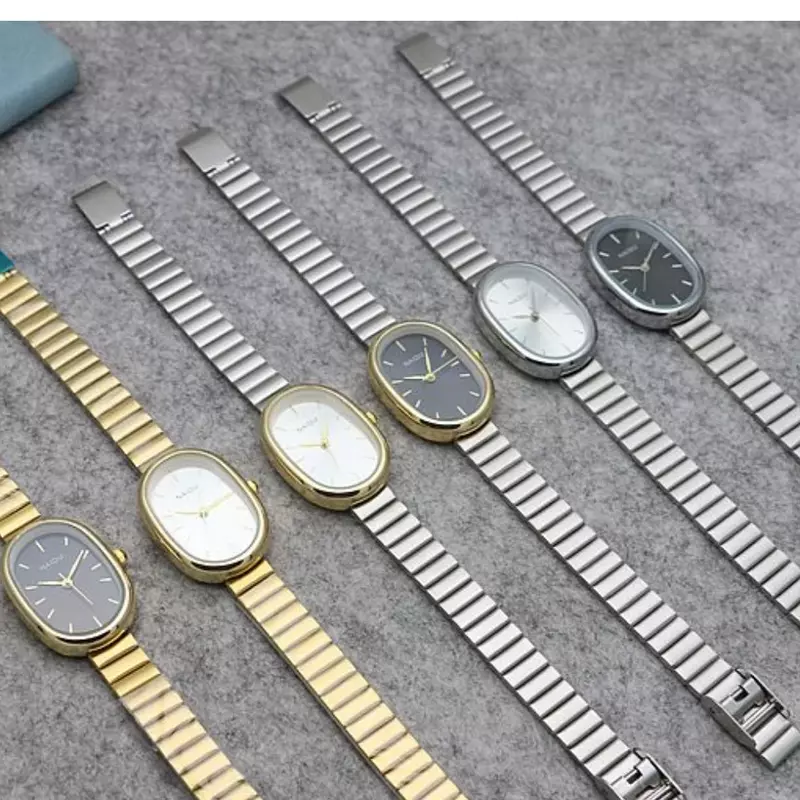 Relógio de quartzo oval pequeno, pulseira de bambu de aço inoxidável feminino, relógio de pulso feminino, moda lazer, presente de luxo, Dropshipping