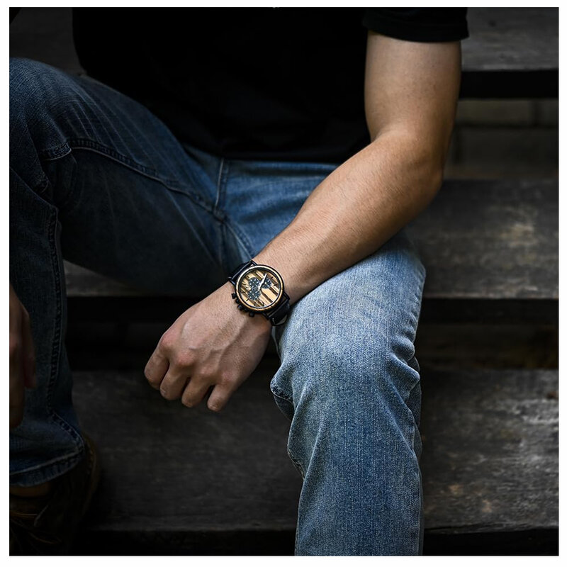 Jam tangan pria kayu, jam tangan Stainless Steel kayu modis kronograf militer kuarsa kasual tampilan kalender