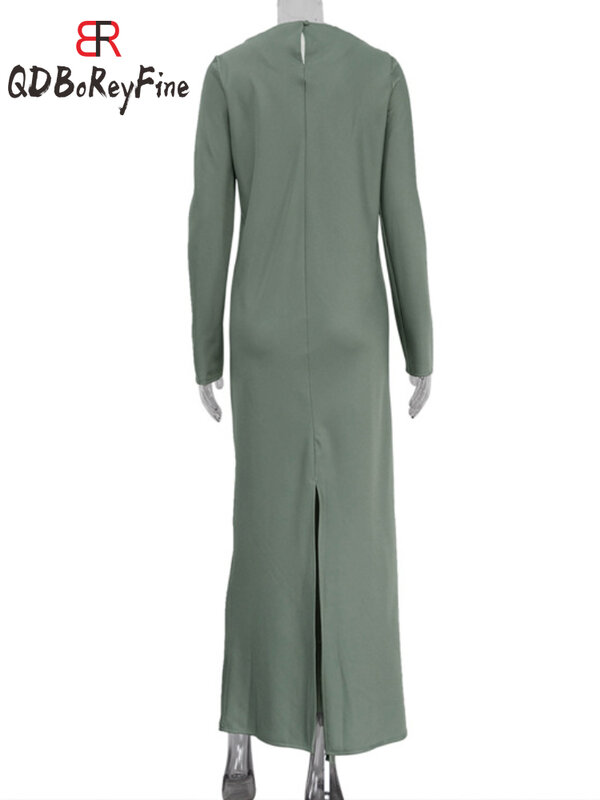 Женское атласное платье-макси с длинным рукавом, с разрезом