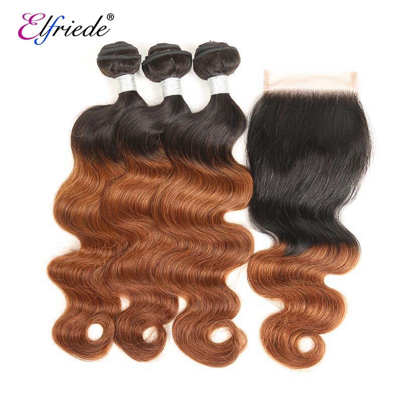 Elfriede T1B/30 Body Wave Ombre Color Hair Bundles with Closure Brazilian Remy Human Hair Weave 3 Bundles with Lace Closure 4x4