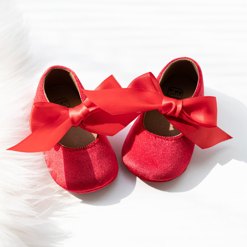 รองเท้าทารกโบว์แบบผูกสีแดงรองเท้าเด็กผู้หญิงทารกแรกเกิดรองเท้าส้นเตี้ย Mary Jane รองเท้าเจ้าหญิงสำหรับงานแต่งงานหนัง PU สำหรับเด็กหัดเดินครั้งแรก