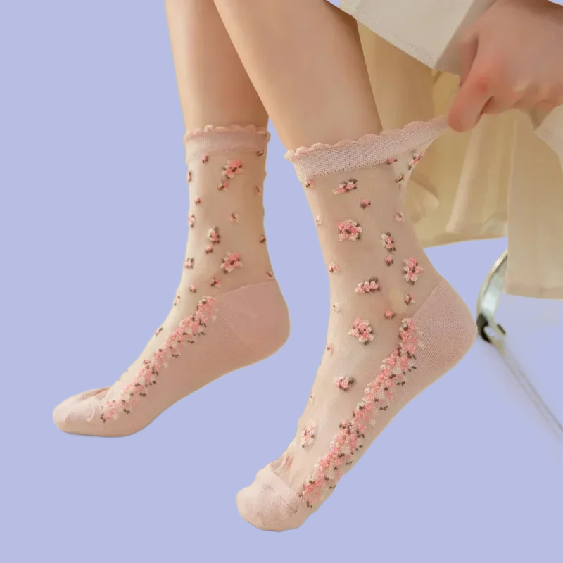Kaus kaki Ultra tipis untuk wanita, kaus kaki musim panas elastis bahan renda sutra transparan, kaus kaki bunga mawar, kaus kaki pendek untuk wanita isi 5 pasang