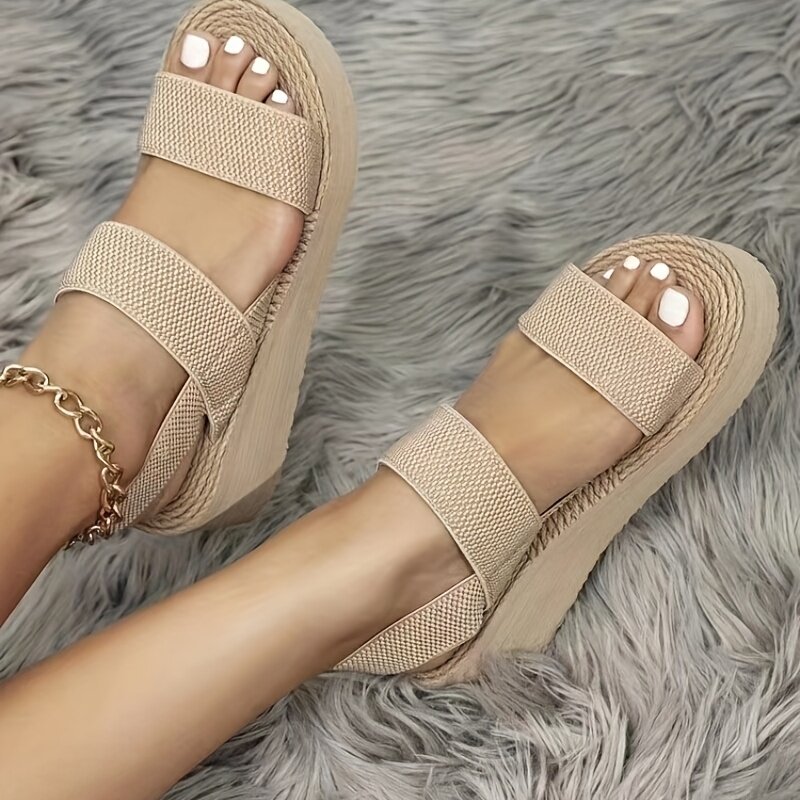 1pair Women's Minimalist Wedge Sandals Open Toe Thick Soled Platform Casual Sandals Ankle Strap Slingback Sandals Solid Color