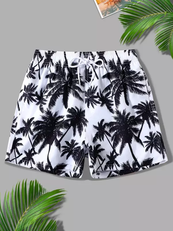 Maiô estampado em coqueiro 3D masculino, shorts de natação, poliéster macio e respirável, shorts de praia, verão