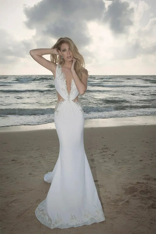 Sexy White Mermaid Wedding Dresses Deep V Neck Lace Appliques Satin Bridal Gowns Women Summer Beach Robes De Mariée Custom Made