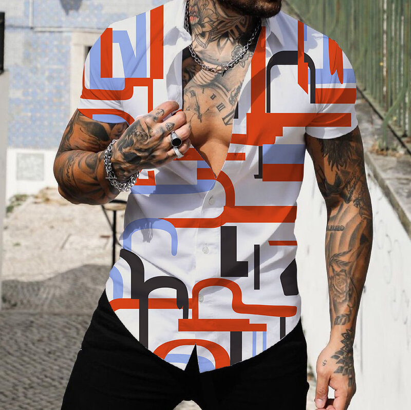 2022เสื้อเชิ้ตผู้ชายมีปกเสื้อฮาวายผู้ชายแฟชั่นชุดลำลองแขนสั้น3D พิมพ์ลายทางปะต่อเสื้อผ้าผู้ชายชายหาด