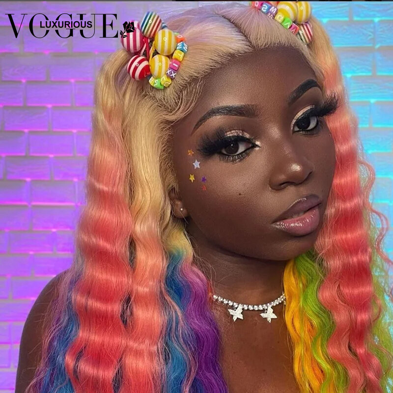 Rainbow Colored Loose Deep Wave Glueless Human Hair Frontal Wig 13X4 HD Transparent Lace Wigs Pre Plucked Brazilian Remy On Sale