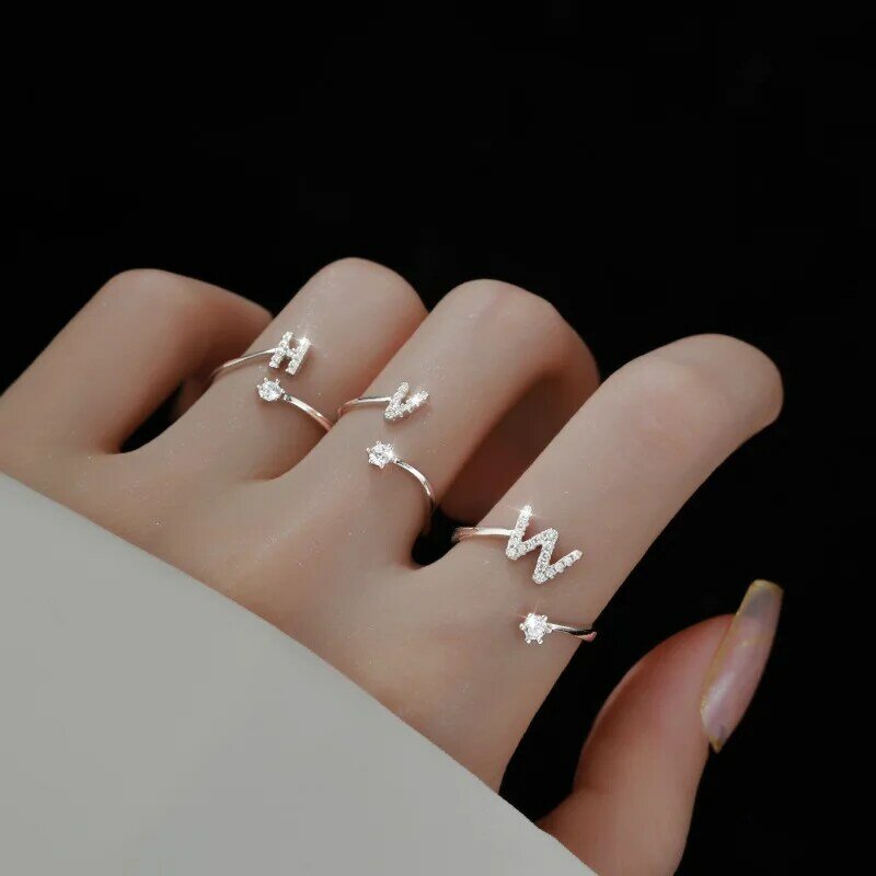 Fashion 925 Sterling Silver 26 Letter Ring Sparkling Diamond Zircon Open Ring Index Finger Your Name Ring Birthday Party Jewelry