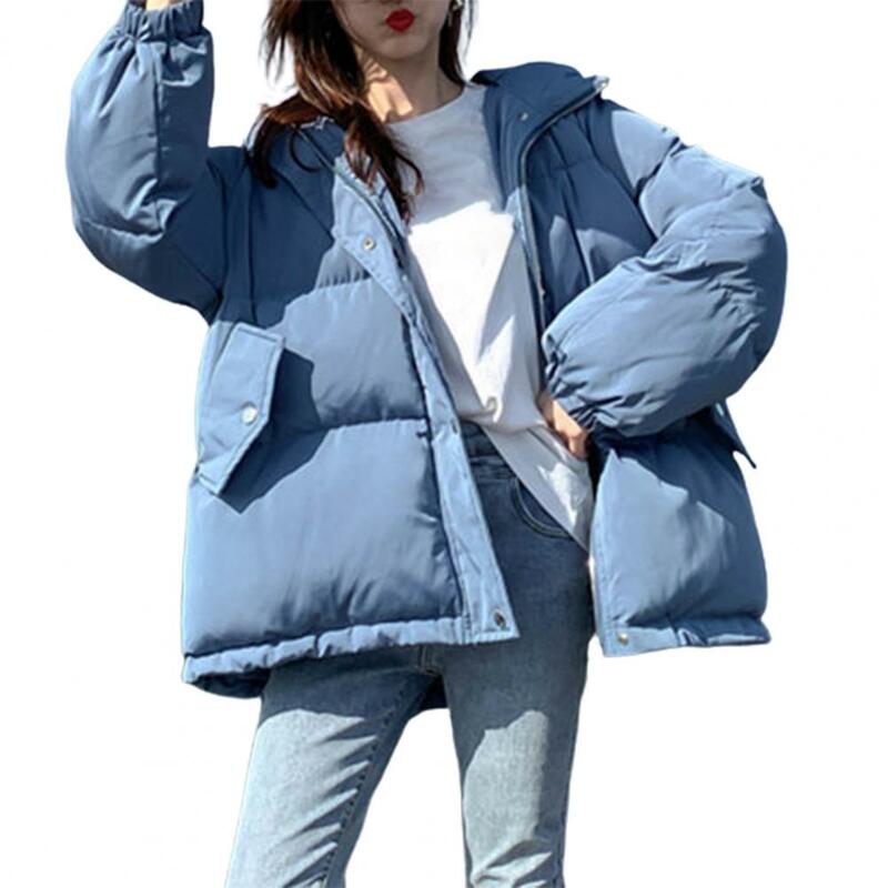 Solid Color Hooded Women Coat Shrinkable Cuff Cotton Coat Zipper Closure Long Sleeve Pockets Jacket Coat Outerwear
