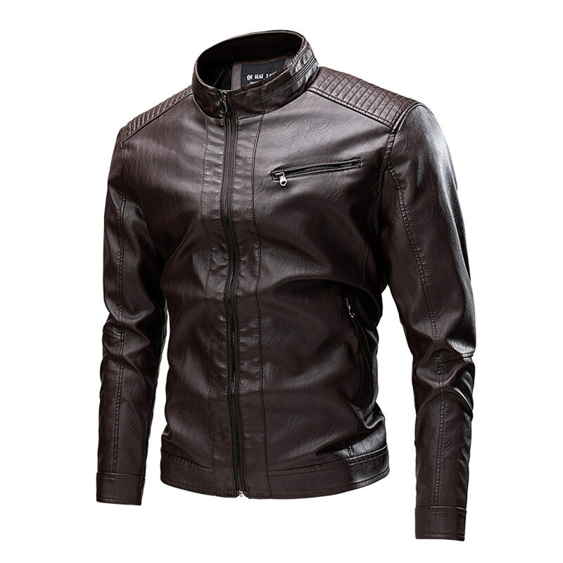 Chaqueta de cuero sintético con cuello levantado para hombre, abrigo de motocicleta, moda informal, prendas de vestir exteriores